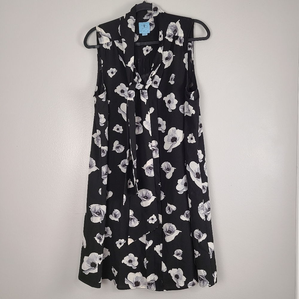 Cece Black & White Floral Lined Neck-tie Sleeveless Office Business Casual Dress